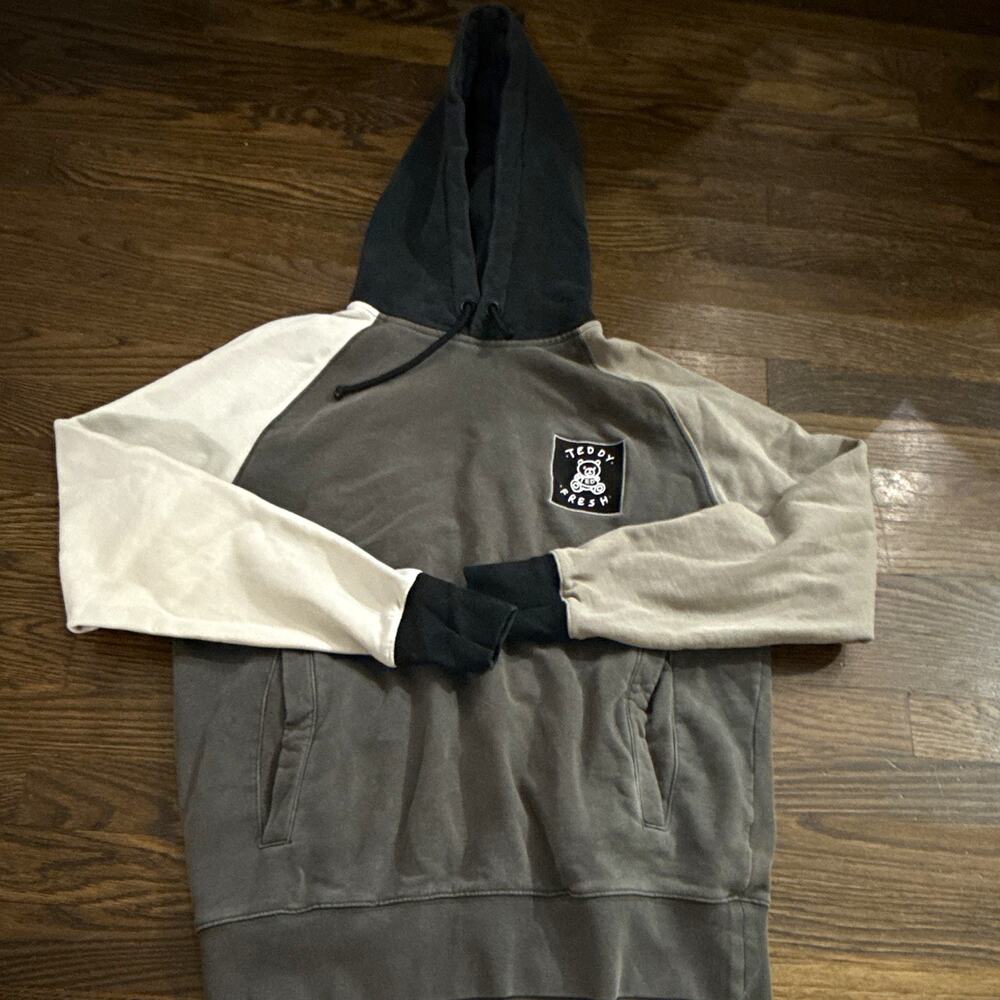 Teddy Fresh Colorblock Pullover Hoodie S Cotton Gray Black Cream Logo Pockets